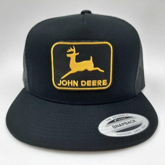 JD John Deere Flat Bill Trucker Mesh Snapback Cap Hat Black Patch Farmer Retro